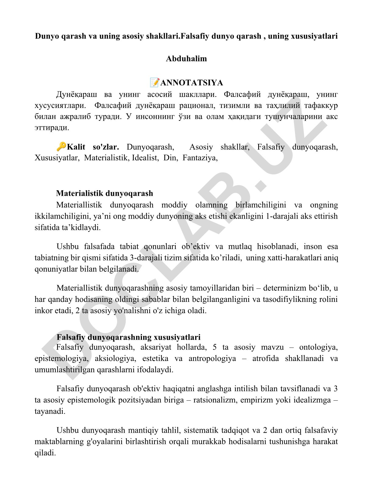 Dunyo qarash va uning asosiy shakllari
