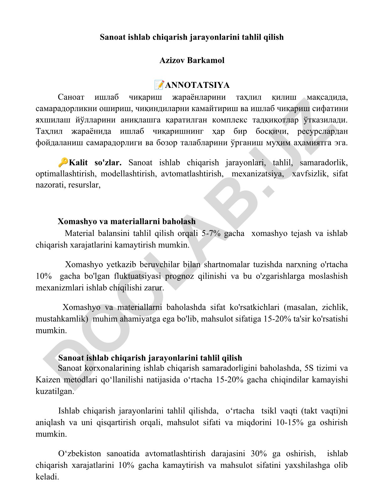 Sanoat ishlab chiqarish jarayonlarini tahlil qilish