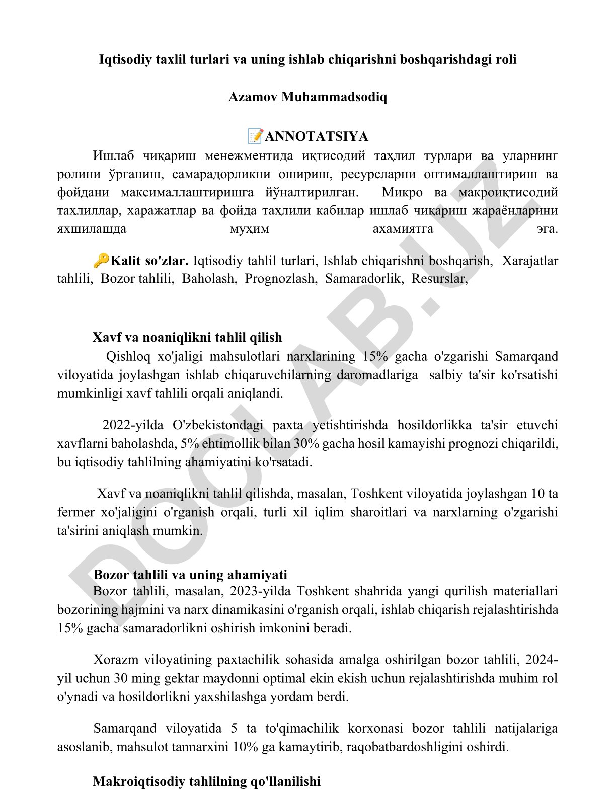 Iqtisodiy taxlil turlari va uning ishlab chiqarishni boshqarishdagi roli
