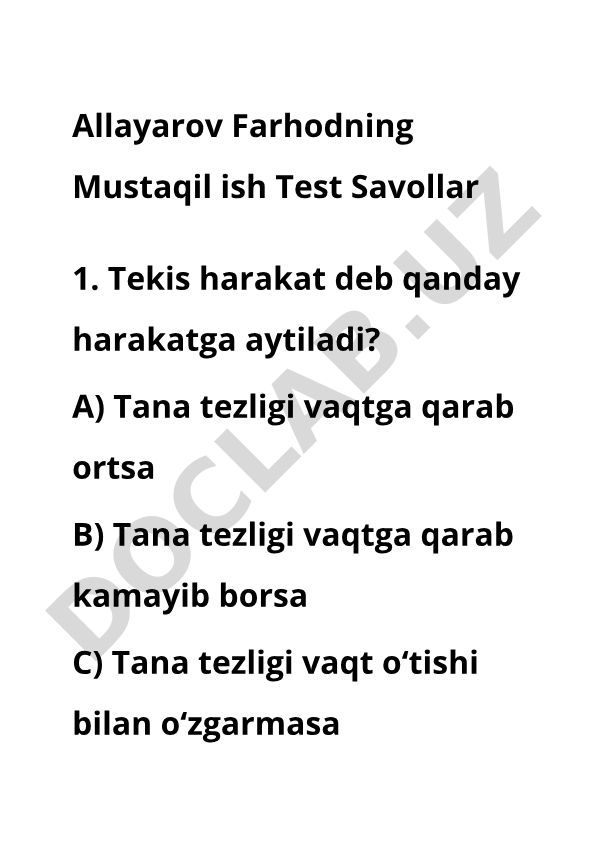 Tekis harakat va tezlik bo'yicha test savollari