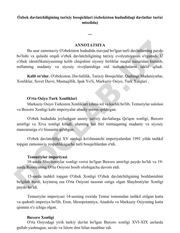 O'zbek davlatchiligining tarixiy bosqichlari (O'zbekiston hududidagi davlatlar tarixi misolida)