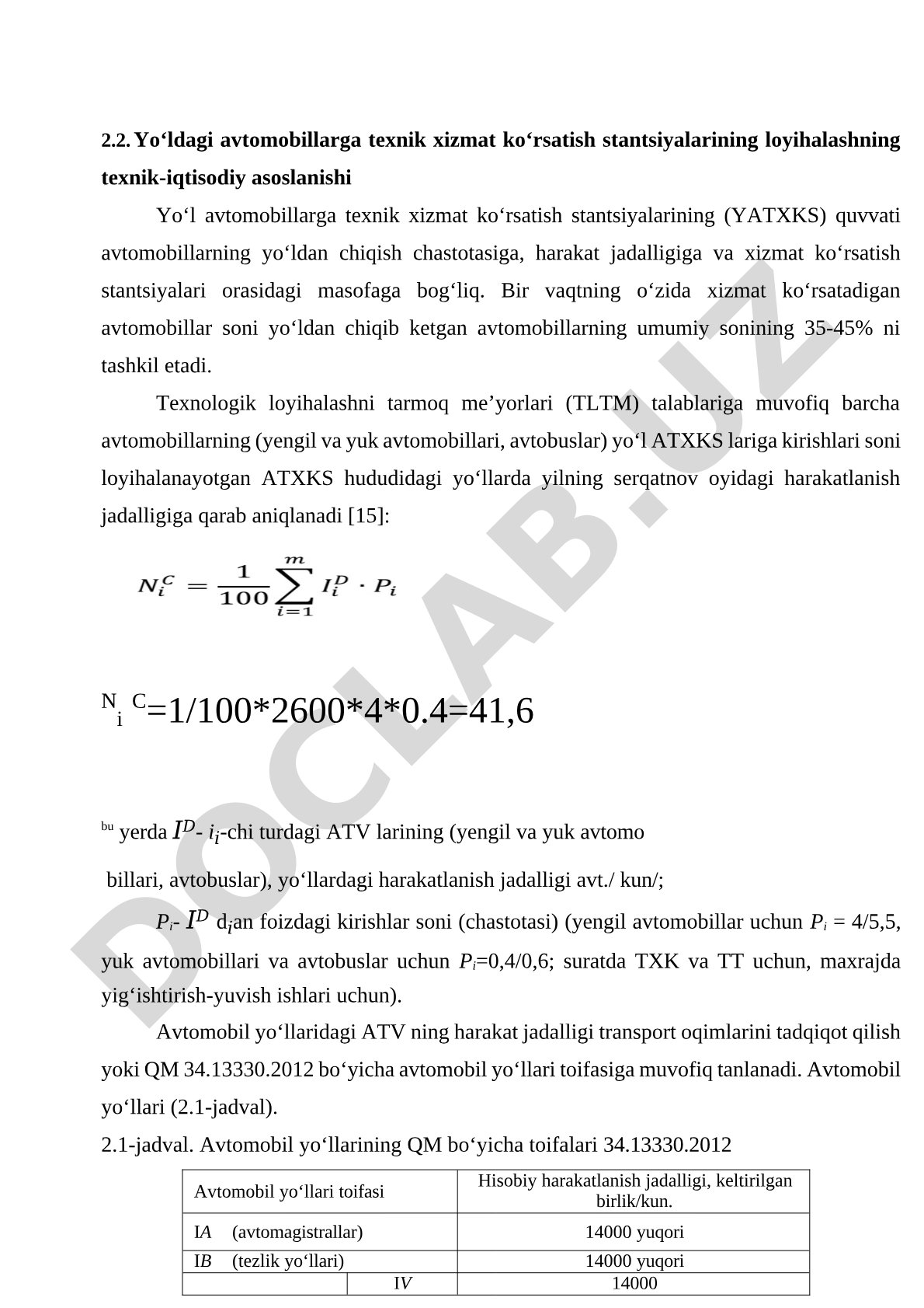 Yo‘ldagi avtomobillarga texnik xizmat ko‘rsatish stantsiyalarining loyihalashning texnik-iqtisodiy asoslanishi
