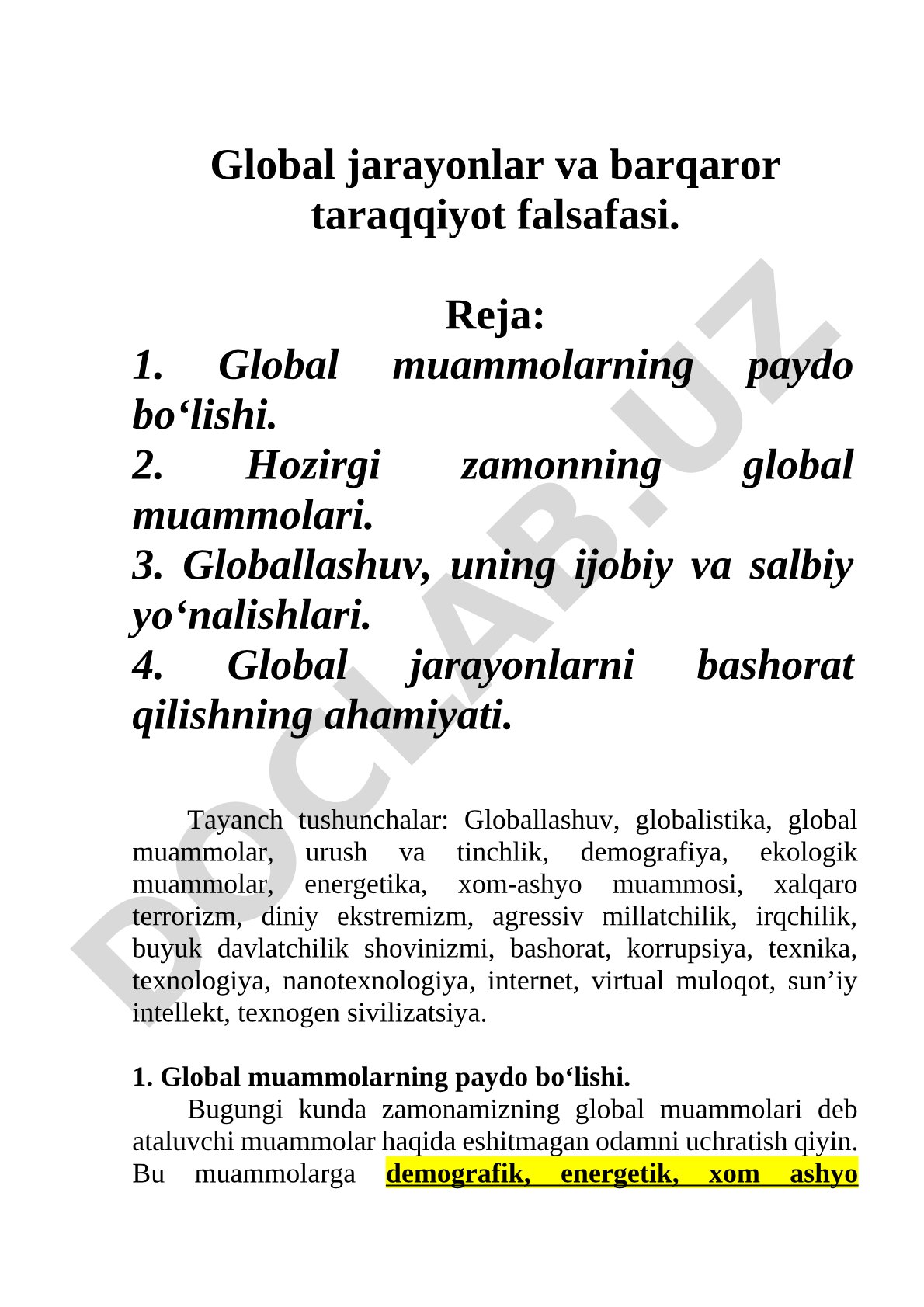Global jarayonlar va barqaror taraqqiyot falsafasi