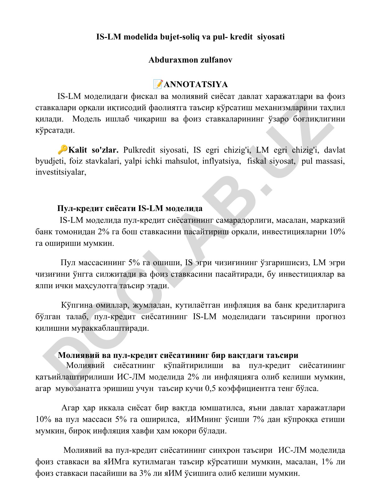 IS-LM modelida bujet-soliq va pul-kredit siyosati