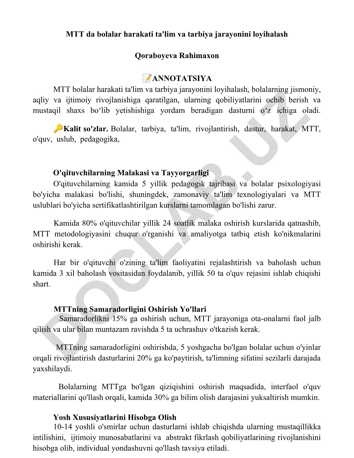 MTT bolalar harakati ta'lim va tarbiya jarayonini loyihalash