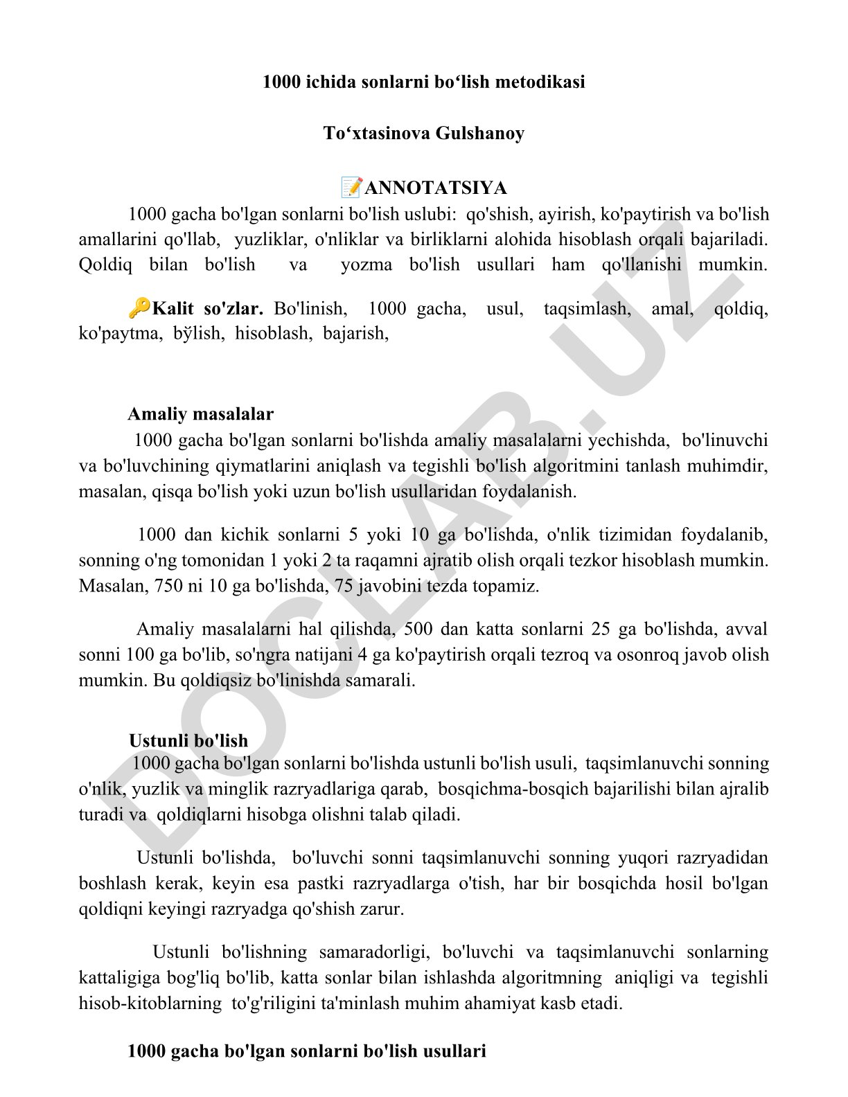 1000 gacha bo'lgan sonlarni bo'lish metodikasi