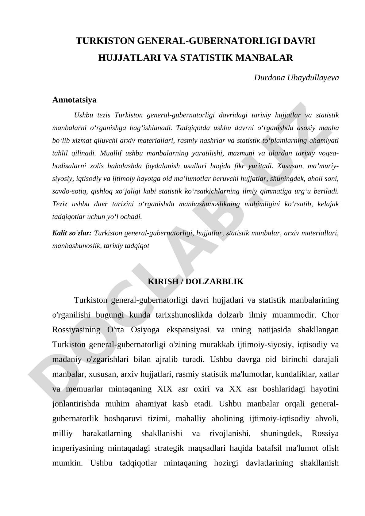Turkiston general-gubernatorligi davri hujjatlari va statistik manbalar