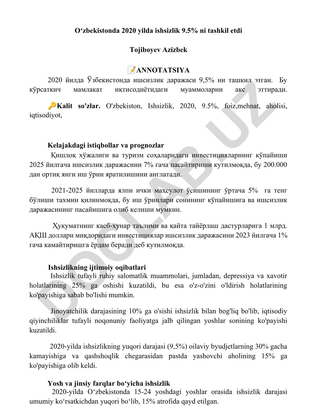 Oʻzbekistonda 2020 yilda ishsizlik darajasi va kelajakdagi istiqbollar
