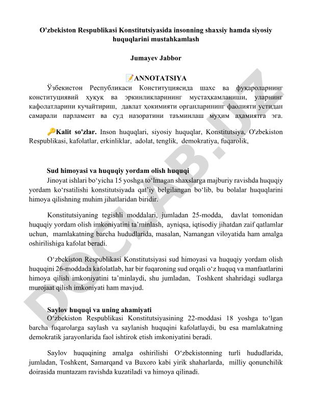 O'zbekiston Respublikasi Konstitutsiyasida inson huquqlari va huquqiy yordam