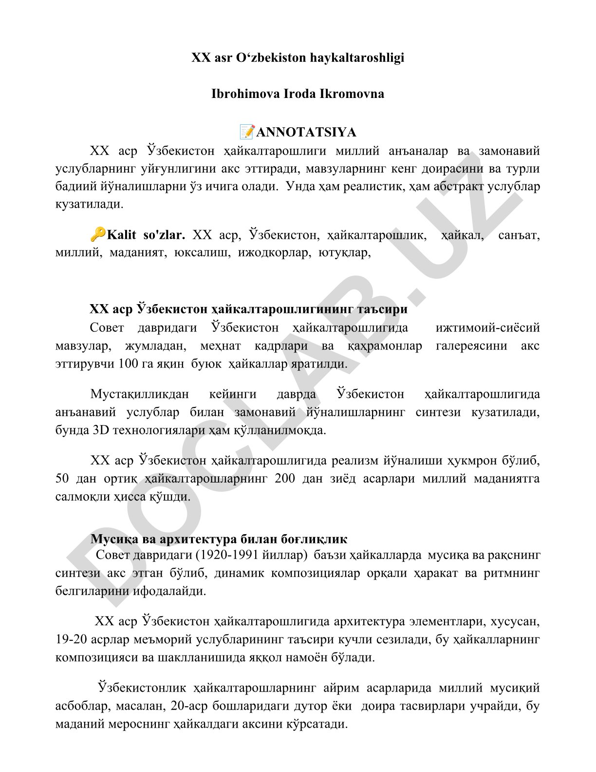 XX asr O‘zbekiston haykaltaroshligi