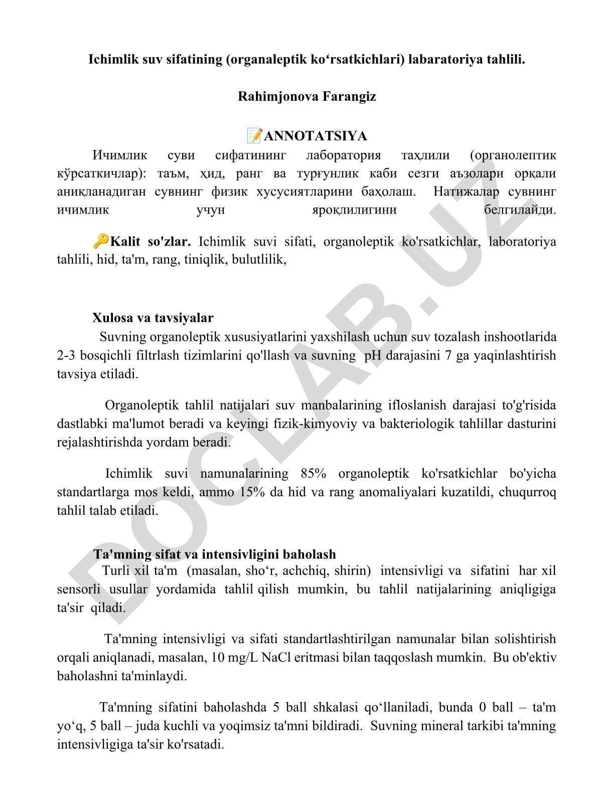 Ichimlik suv sifatining organoleptik ko'rsatkichlari laboratoriya tahlili