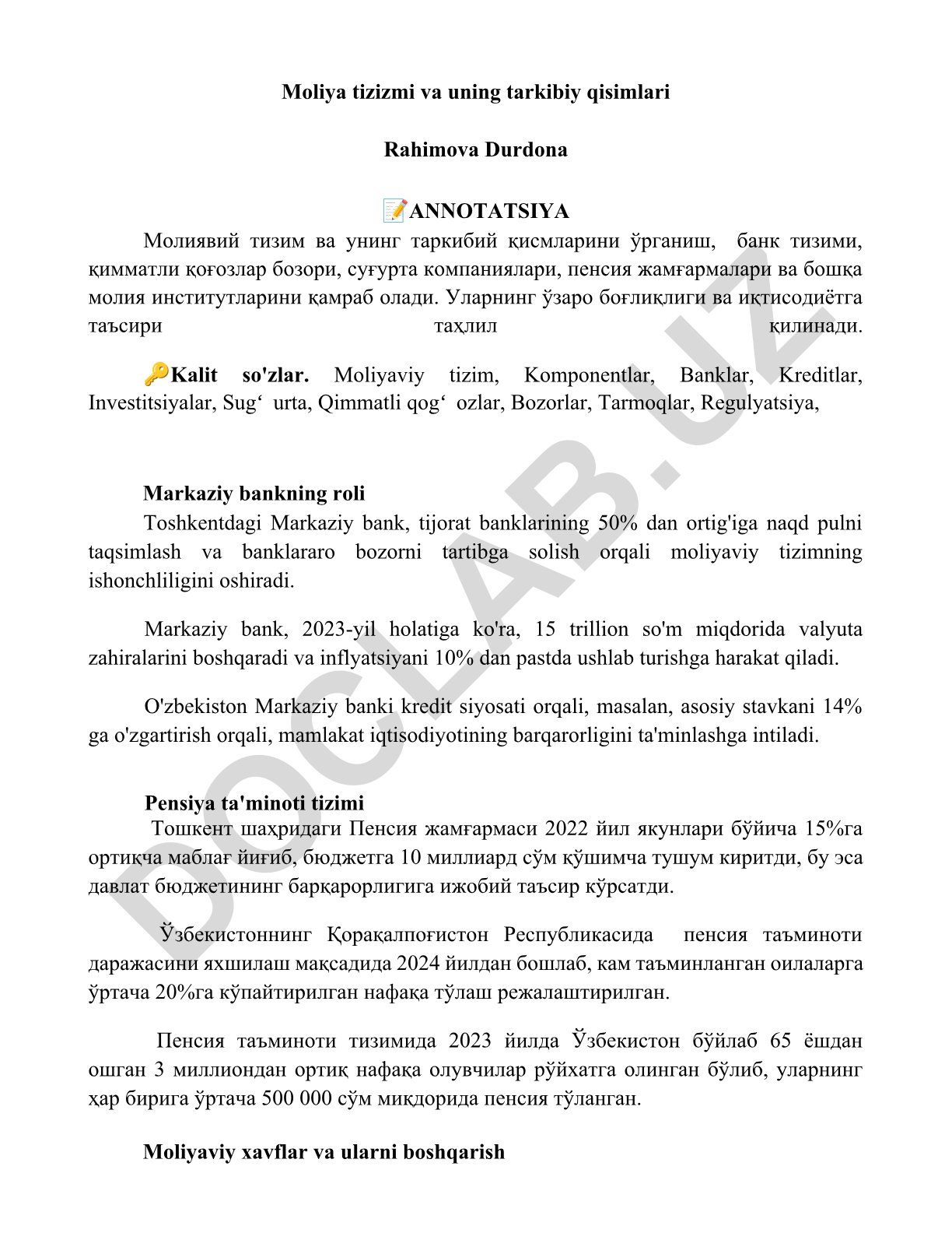 Moliya tizimi va uning tarkibiy qismlari
