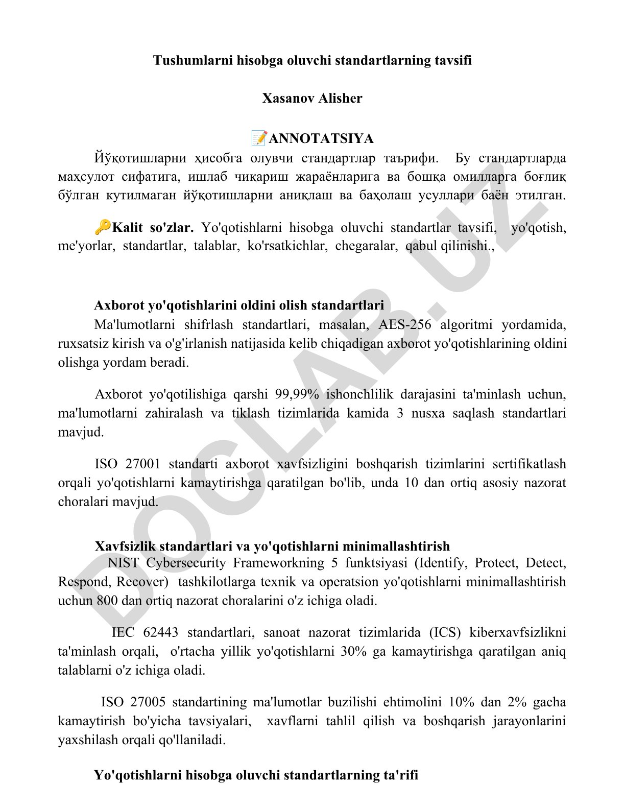 Yo'qotishlarni hisobga oluvchi standartlar tavsifi