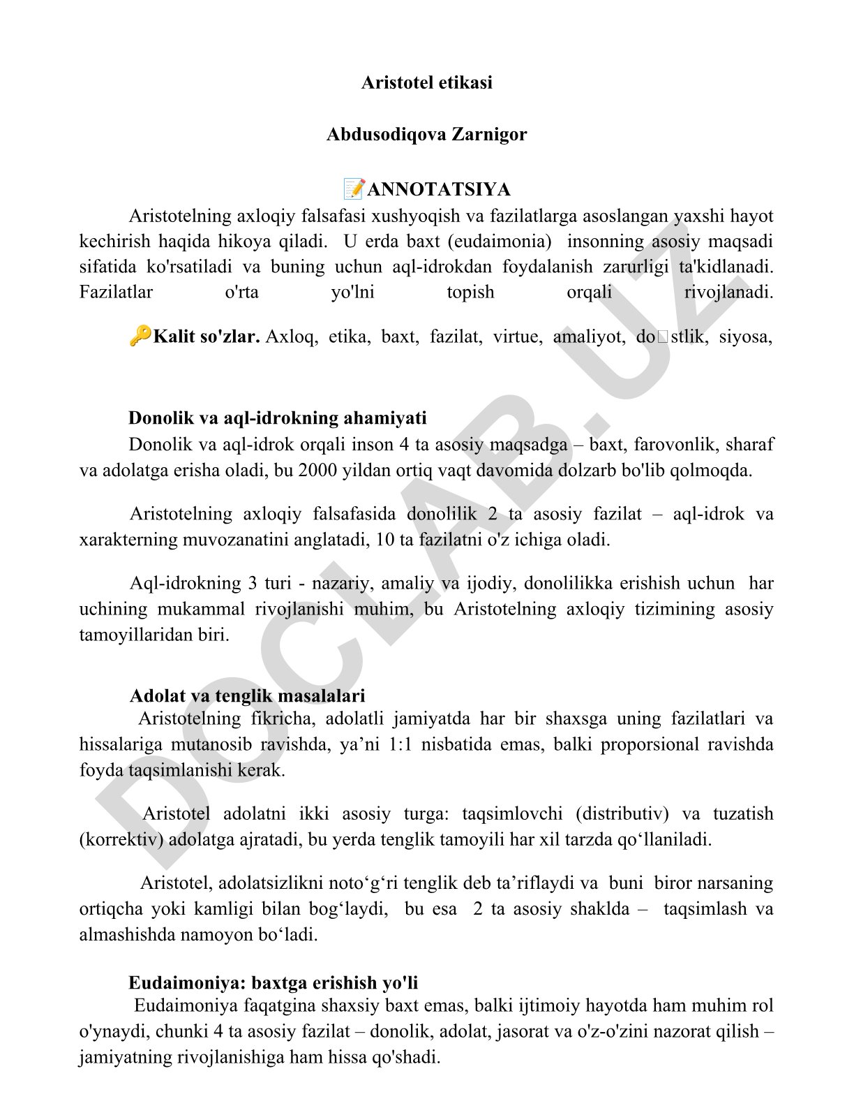 Aristotelning axloqiy falsafasi va fazilatlar tizimi