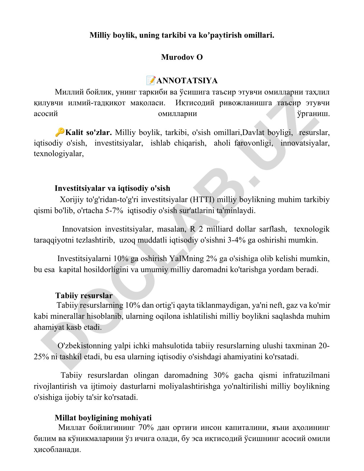 Milliy boylik, uning tarkibi va ko'paytirish omillari