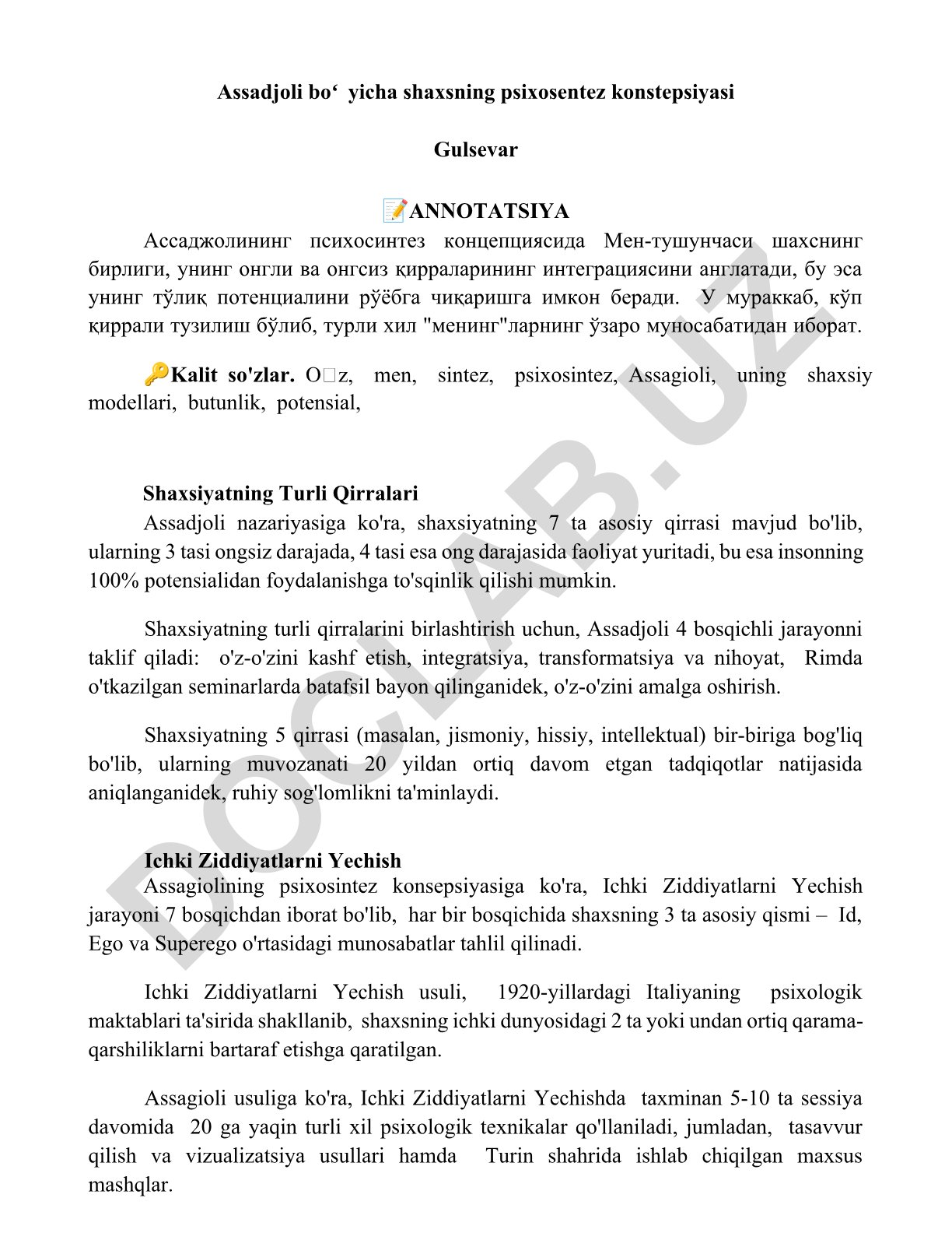 Assadjoli psixosintezida shaxsiyat qirralari va ularning integratsiyasi