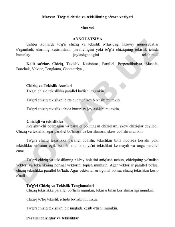 Toʻgʻri chiziq va tekislikning oʻzoro vaziyati