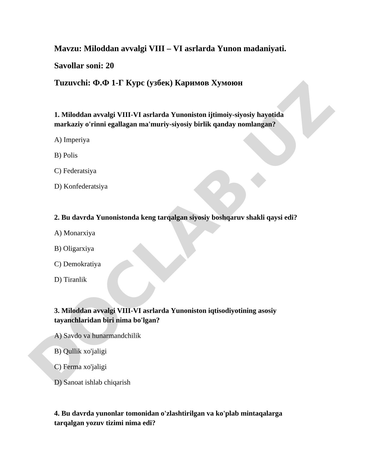 Miloddan avvalgi VIII – VI asrlarda Yunon madaniyati