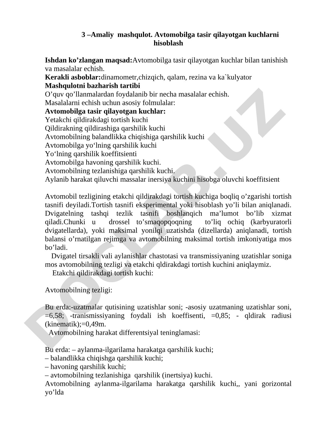 Avtomobilga ta'sir qilayotgan kuchlarni hisoblash