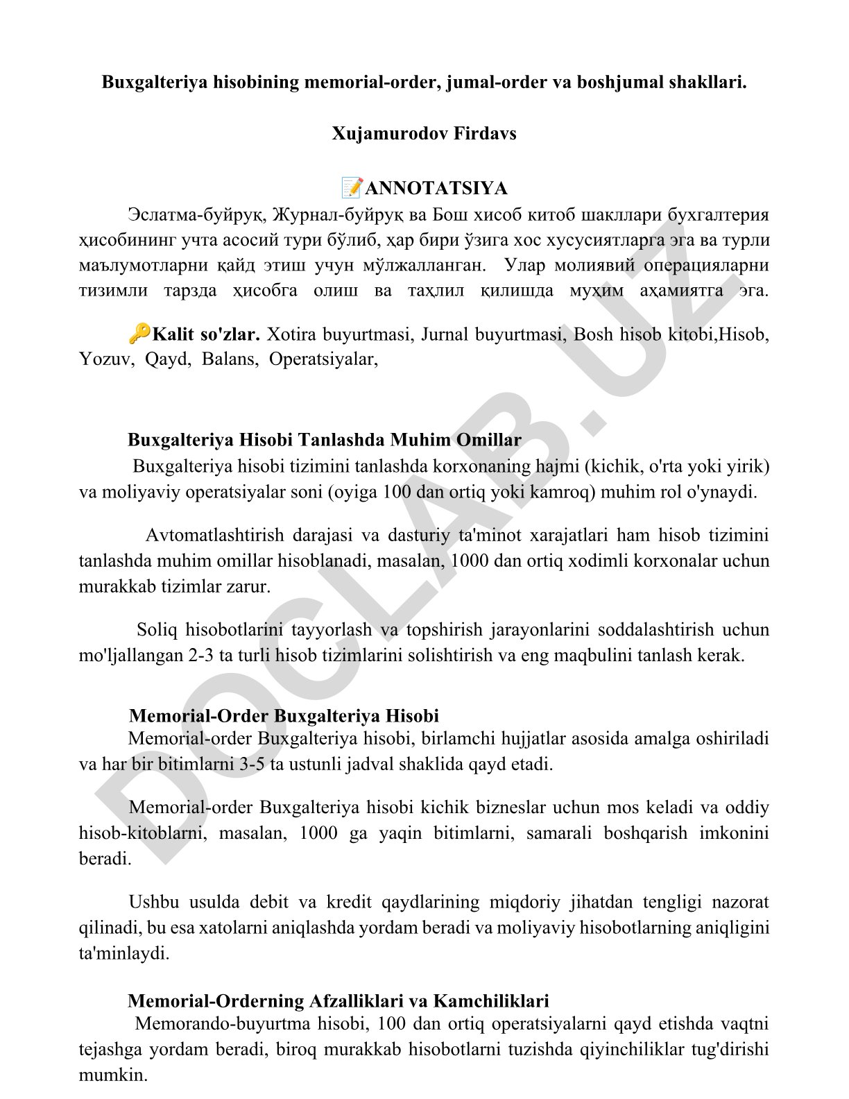 Buxgalteriya hisobining memorial-order, jumal-order va boshjumal shakllari