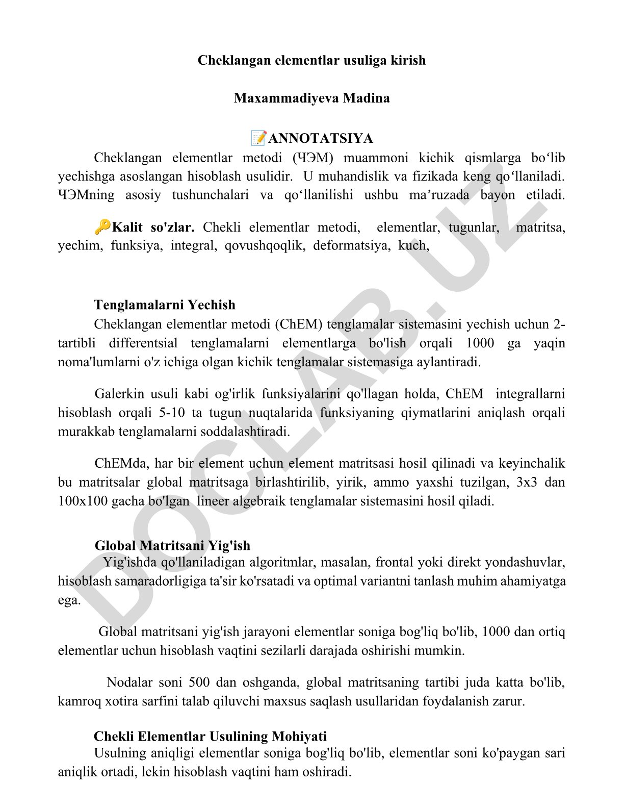 Cheklangan elementlar metodi (ChEM) asoslari va qo'llanilishi