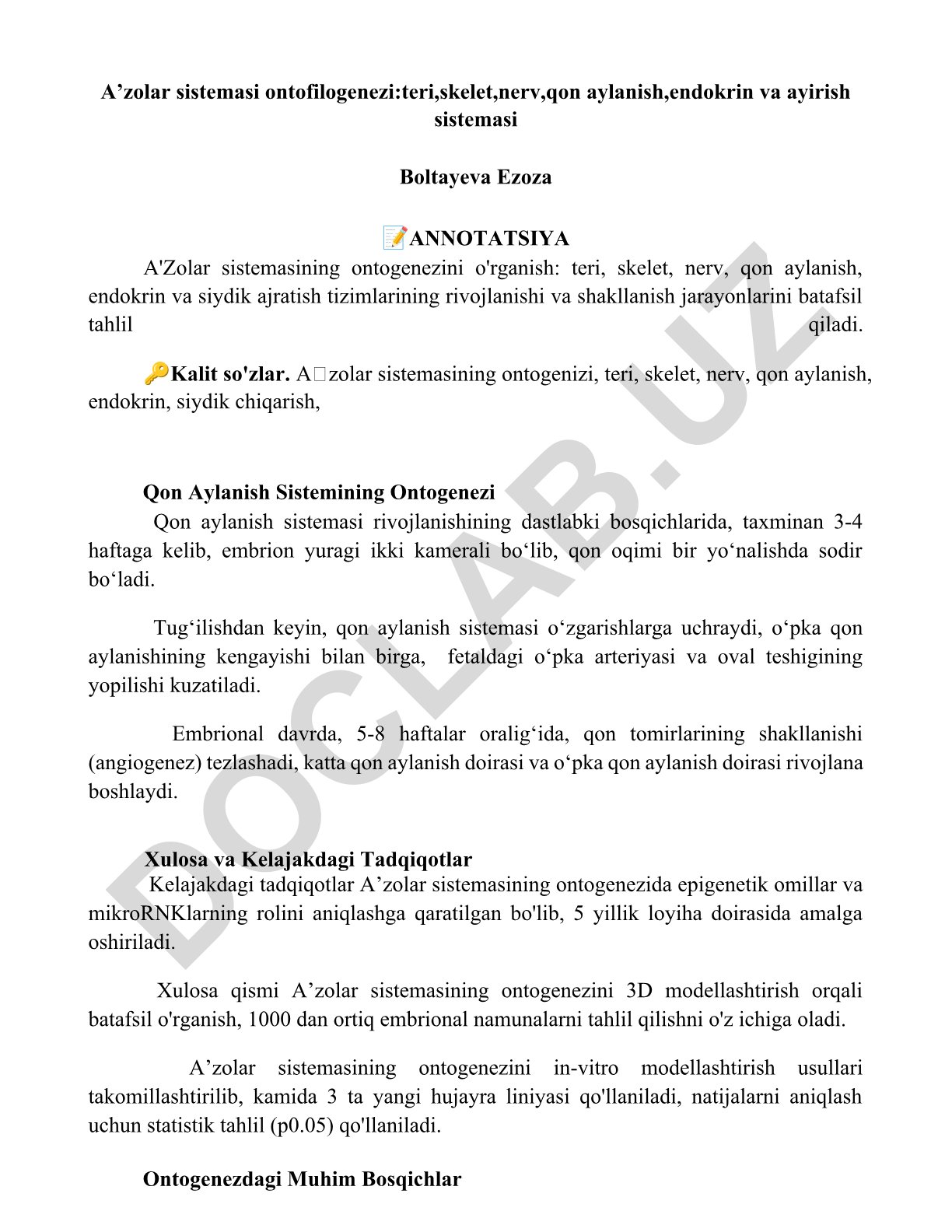A'zolar sistemasi ontofilogenezi: teri, skelet, nerv, qon aylanish, endokrin va ayirish sistemasi