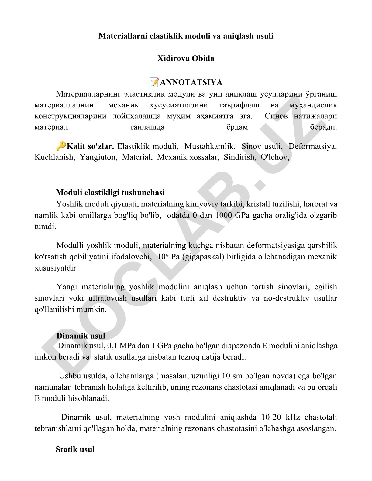 Materiallarning elastiklik moduli va uni aniqlash usullari