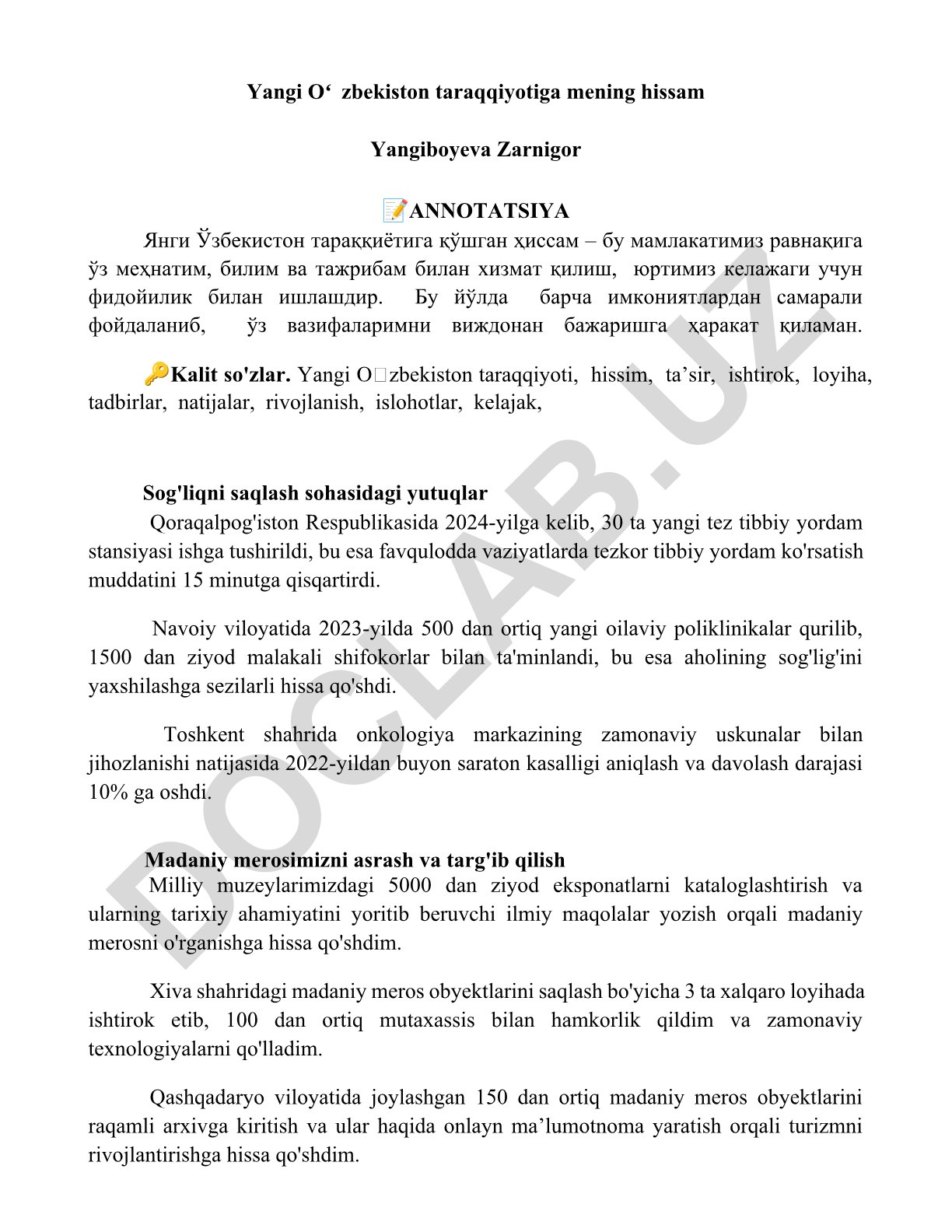 Yangi Oʻzbekiston taraqqiyotiga mening hissam