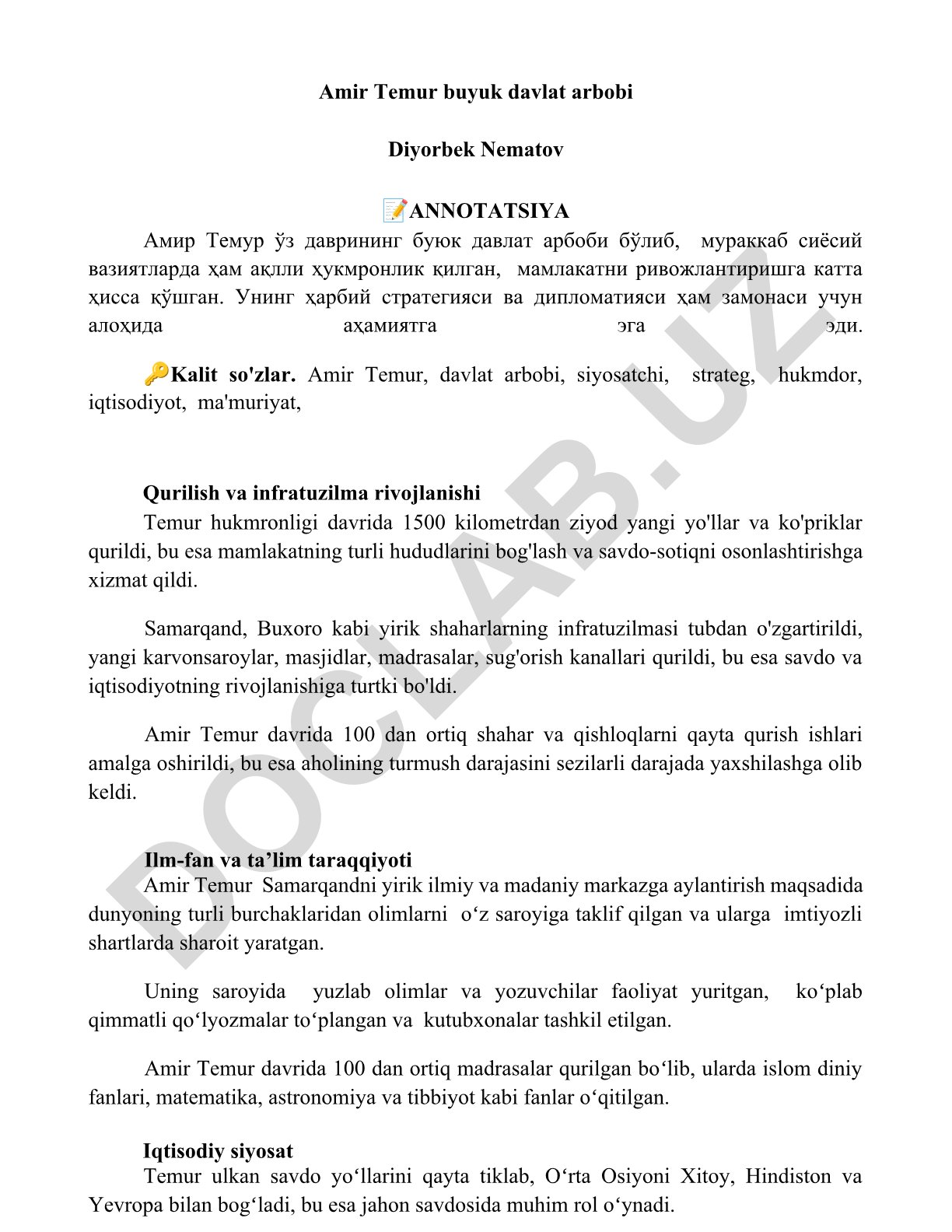 Amir Temurning davlat arbobi sifatidagi faoliyati va mamlakat rivojiga qo'shgan hissasi
