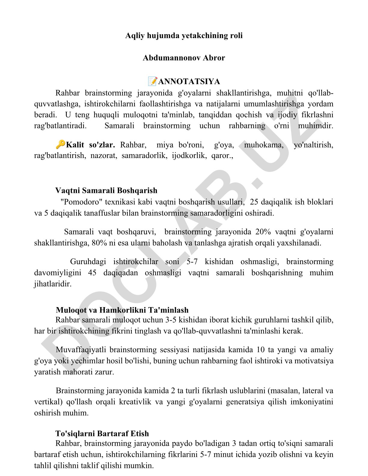 Aqliy hujumda yetakchining roli va samarali brainstorming usullari