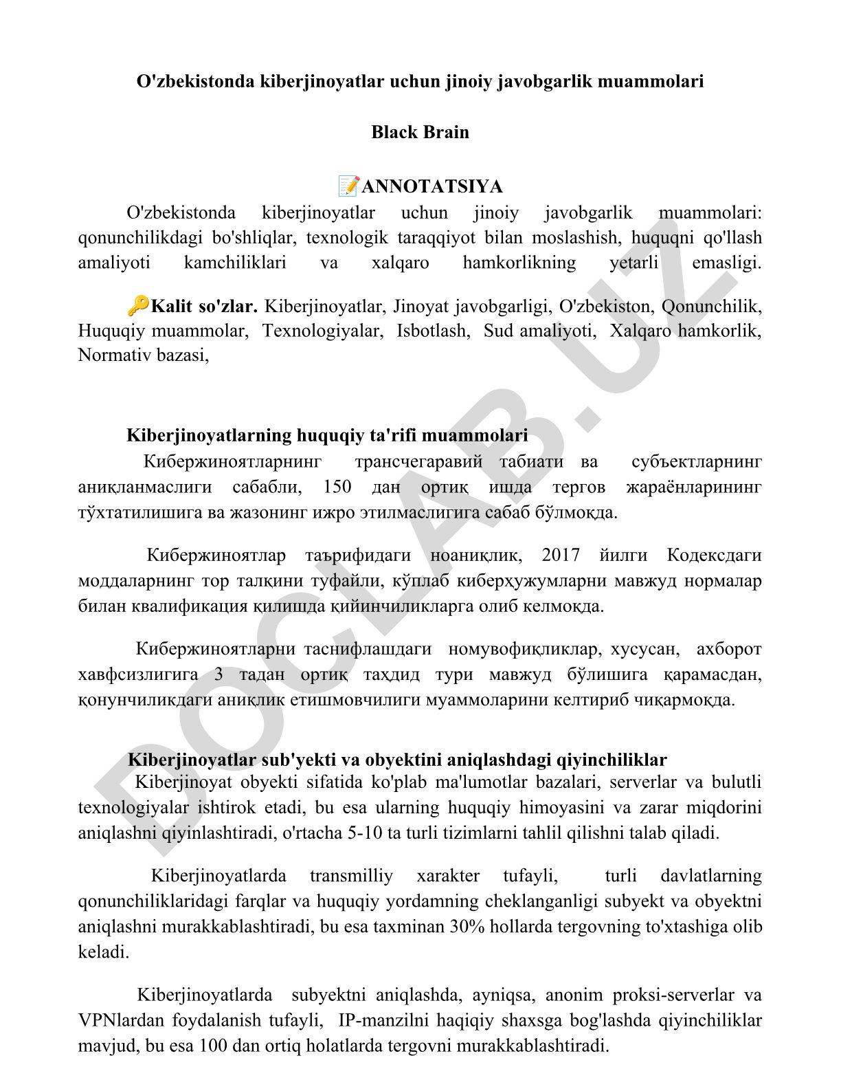O'zbekistonda kiberjinoyatlar uchun jinoiy javobgarlik muammolari