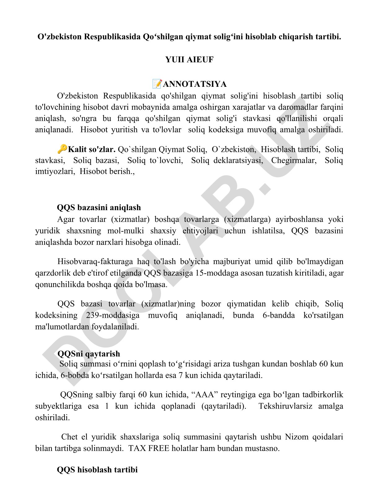 O'zbekiston Respublikasida Qo'shilgan qiymat solig'ini hisoblab chiqarish tartibi