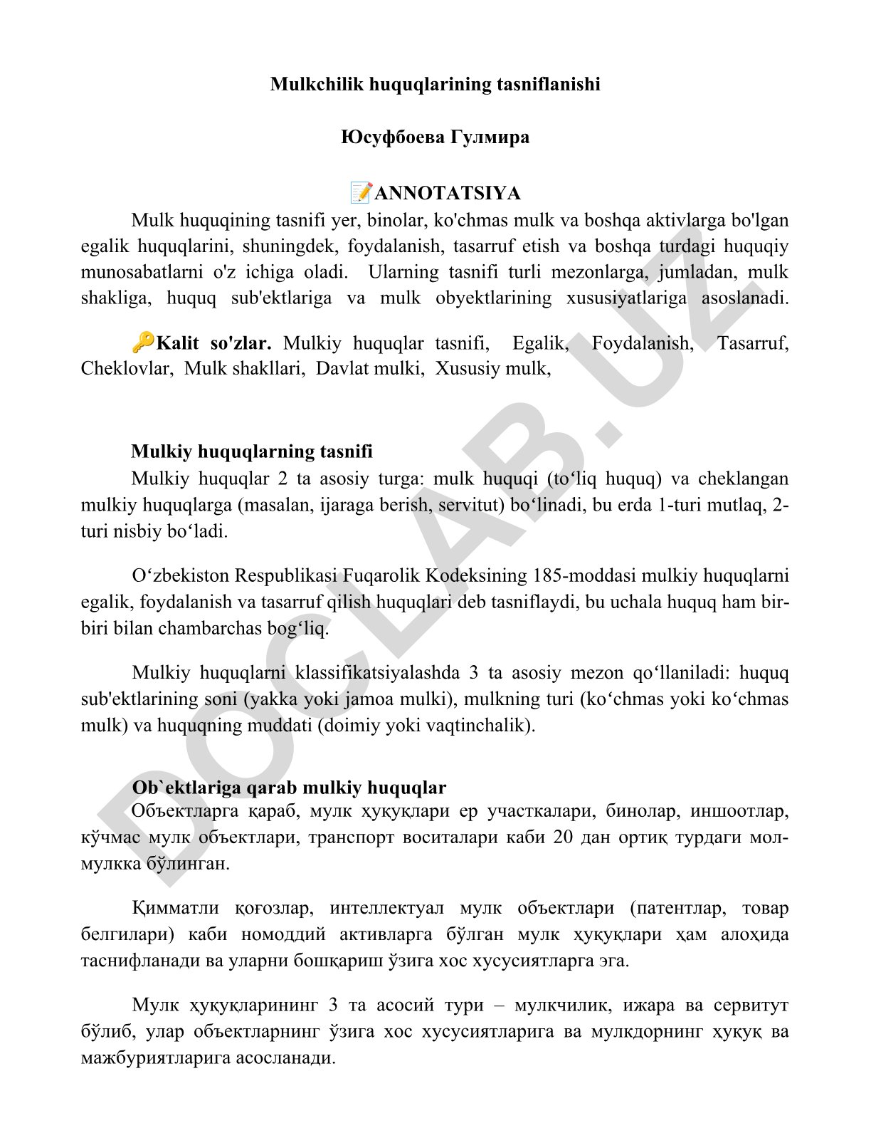 Mulkchilik huquqlarining tasniflanishi