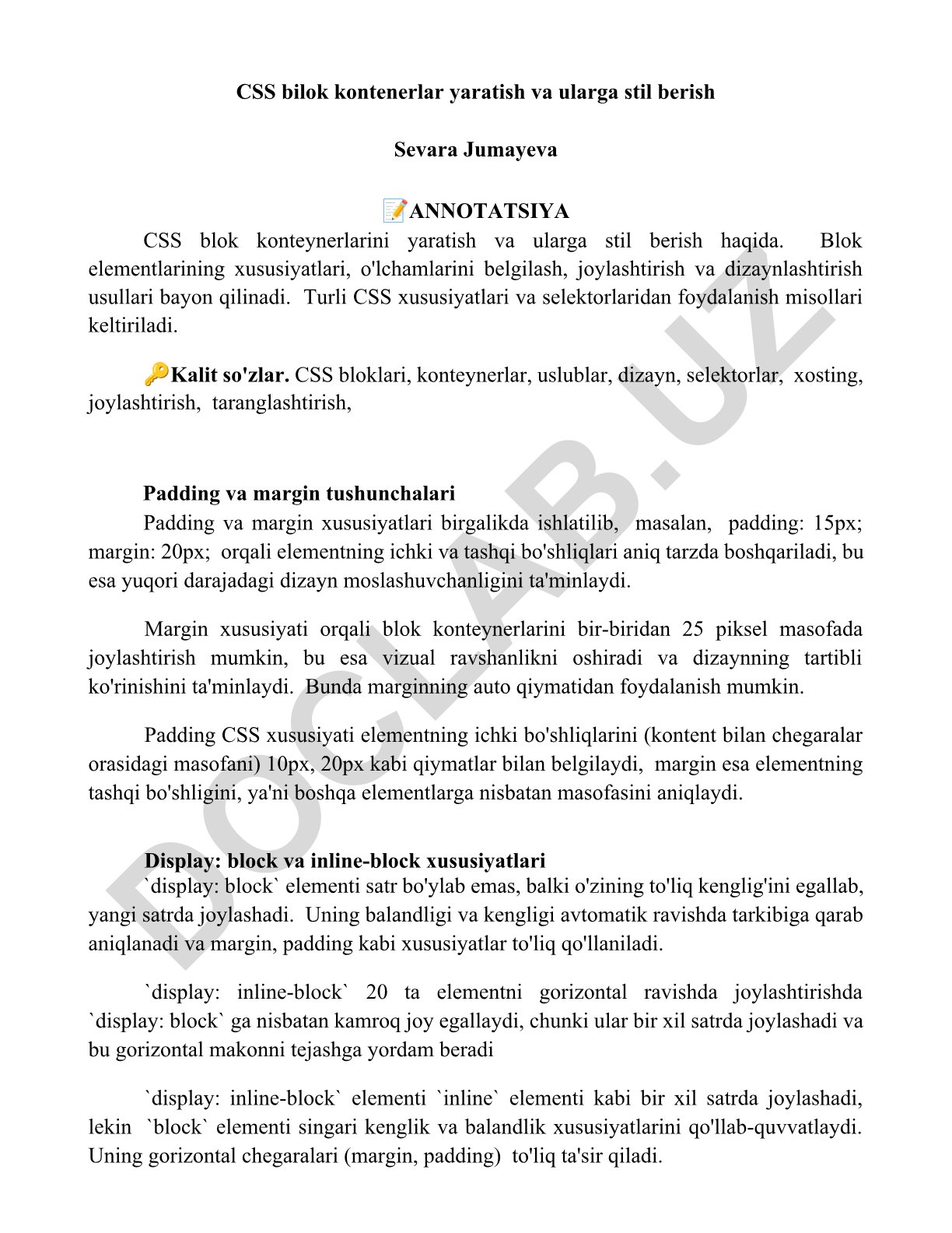 CSS blok konteynerlarini yaratish va ularga stil berish