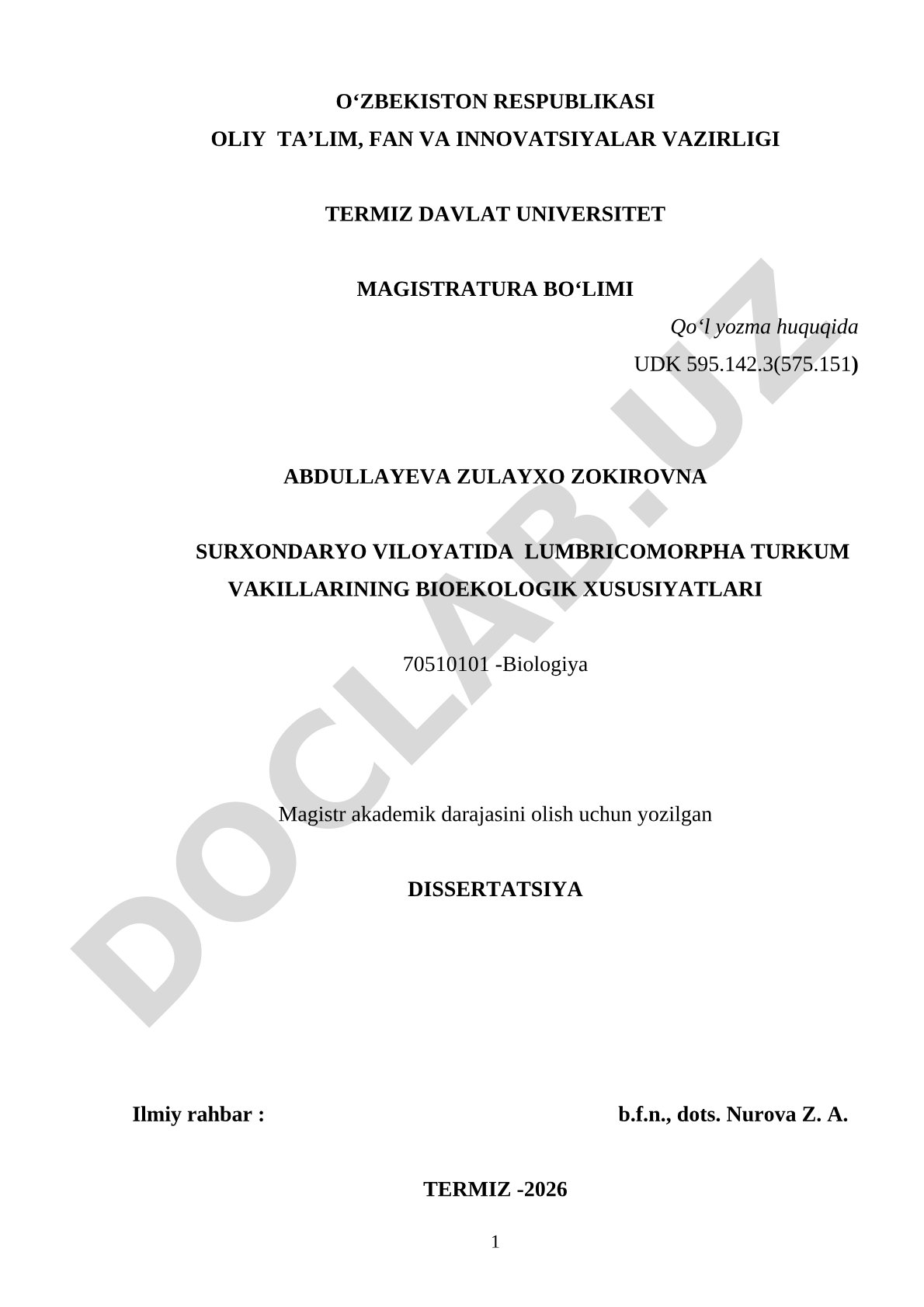 Surxondaryo viloyatida Lumbricomorpha turkum vakillarining bioekologik xususiyatlari