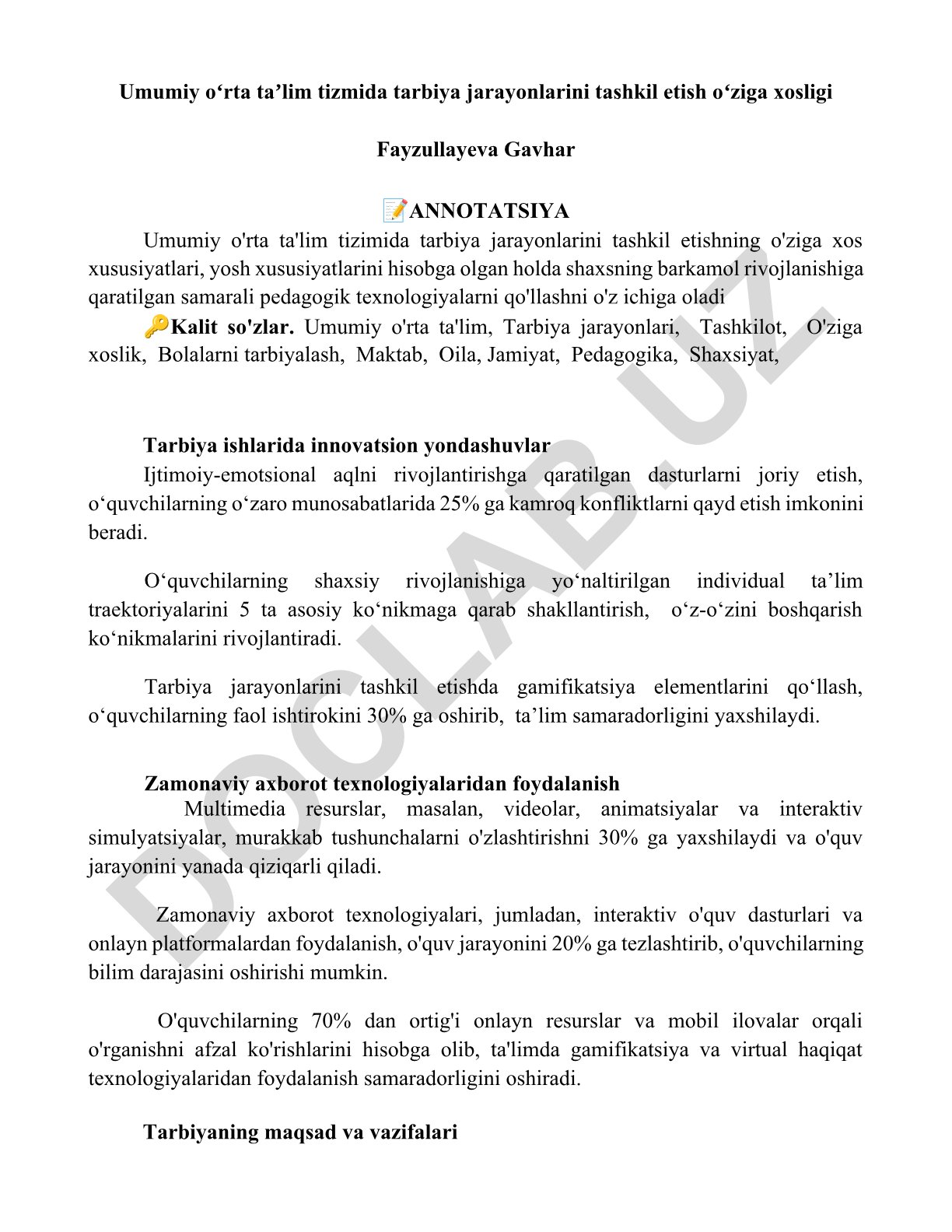 Umumiy o'rta ta'lim tizimida tarbiya jarayonlarini tashkil etishning o'ziga xosligi
