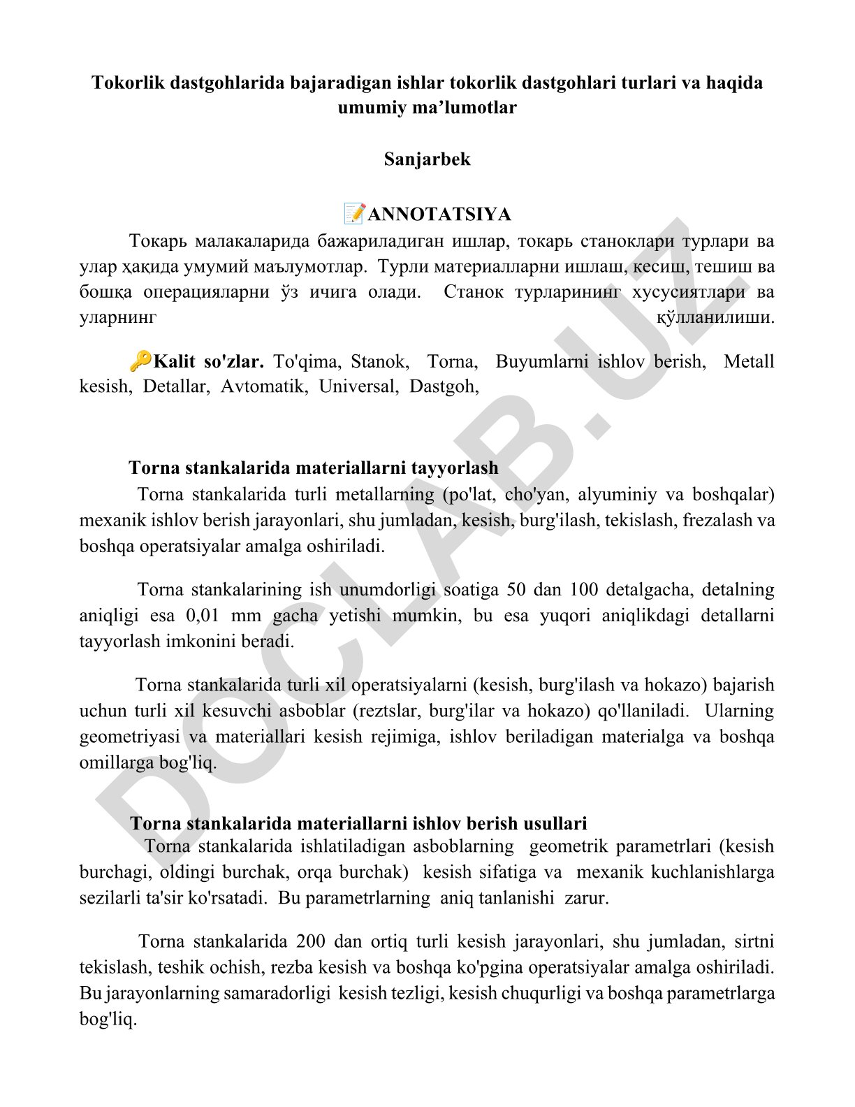 Tokorlik dastgohlari turlari va ular haqida umumiy ma'lumotlar