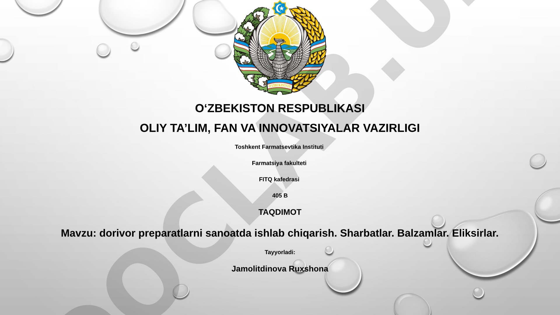 Dorivor preparatlarni sanoatda ishlab chiqarish. Sharbatlar. Balzamlar. Eliksirlar