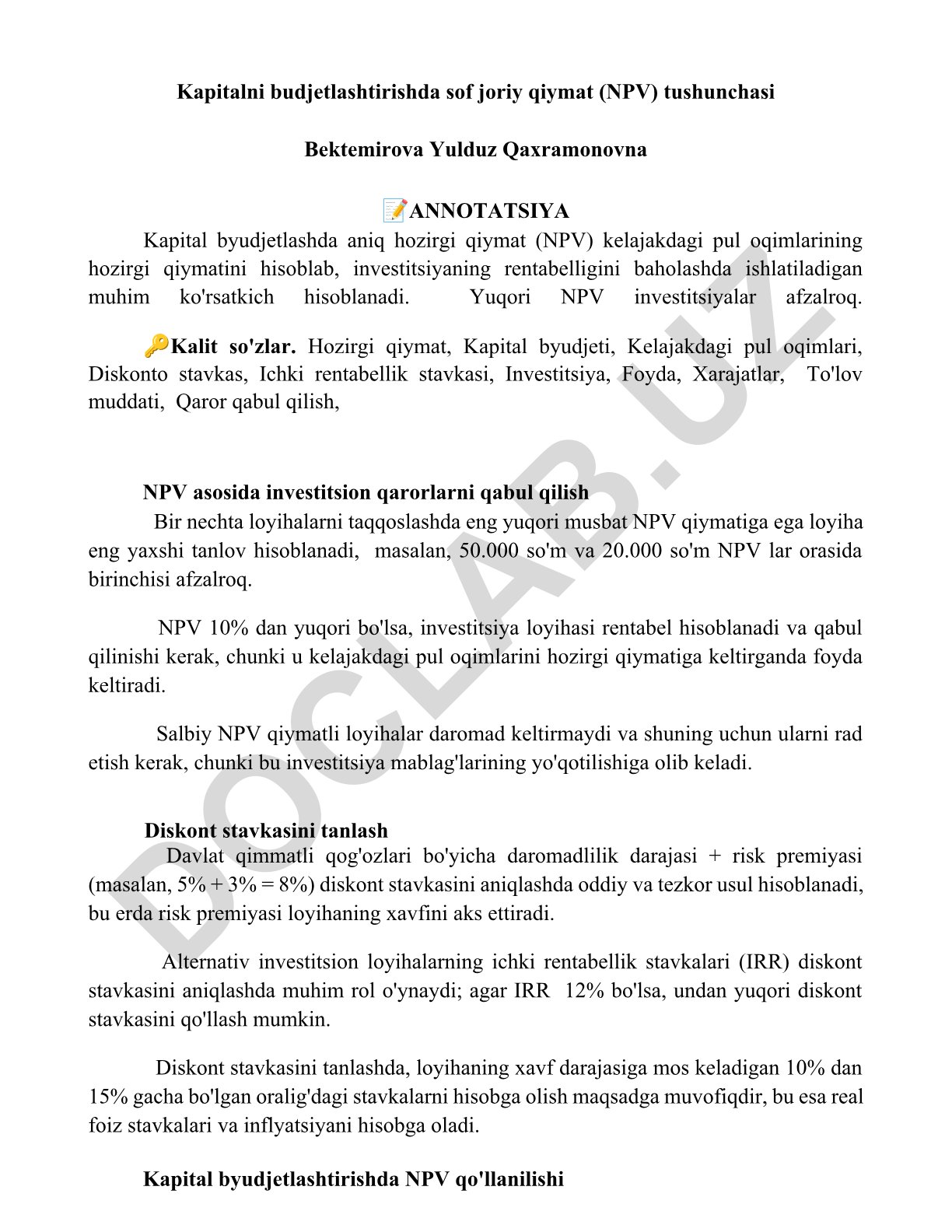 Kapitalni budjetlashtirishda sof joriy qiymat (NPV) tushunchasi