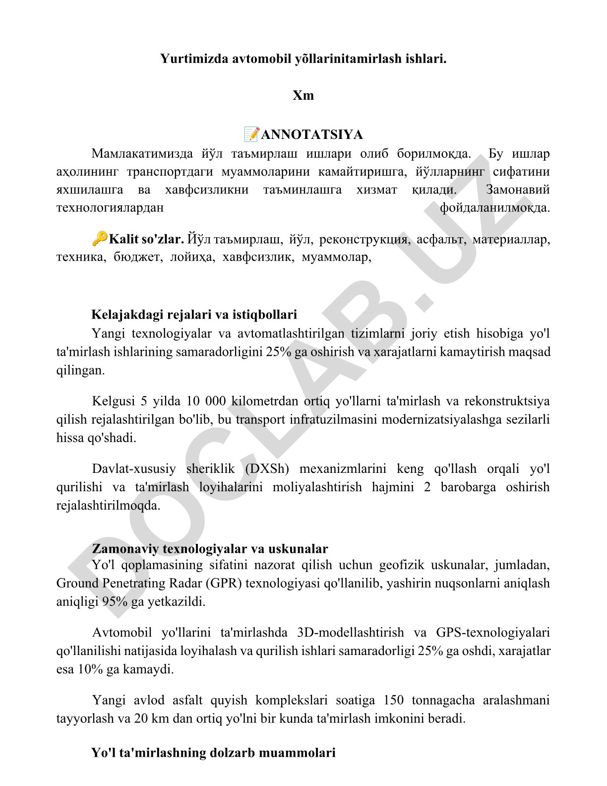 Yurtimizda avtomobil yo'llarini tamirlash ishlari