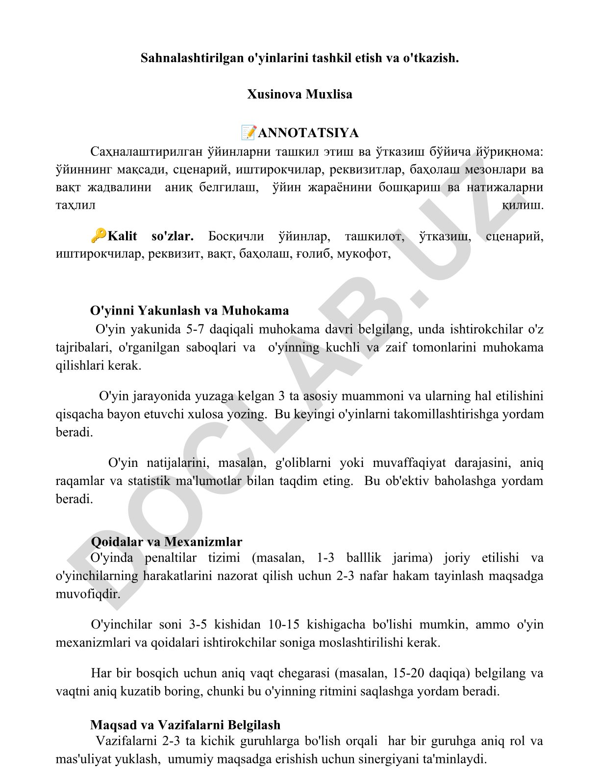 Sahnalashtirilgan o'yinlarni tashkil etish va o'tkazish bo'yicha yo'riqnoma