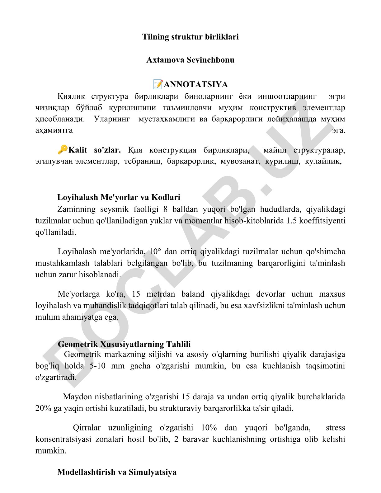 Qiyalik struktura birliklarining loyihalash me'yorlari va geometrik xususiyatlari