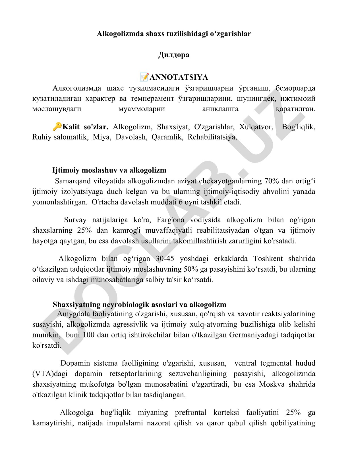 Alkogolizmda shaxs tuzilishidagi oʻzgarishlar