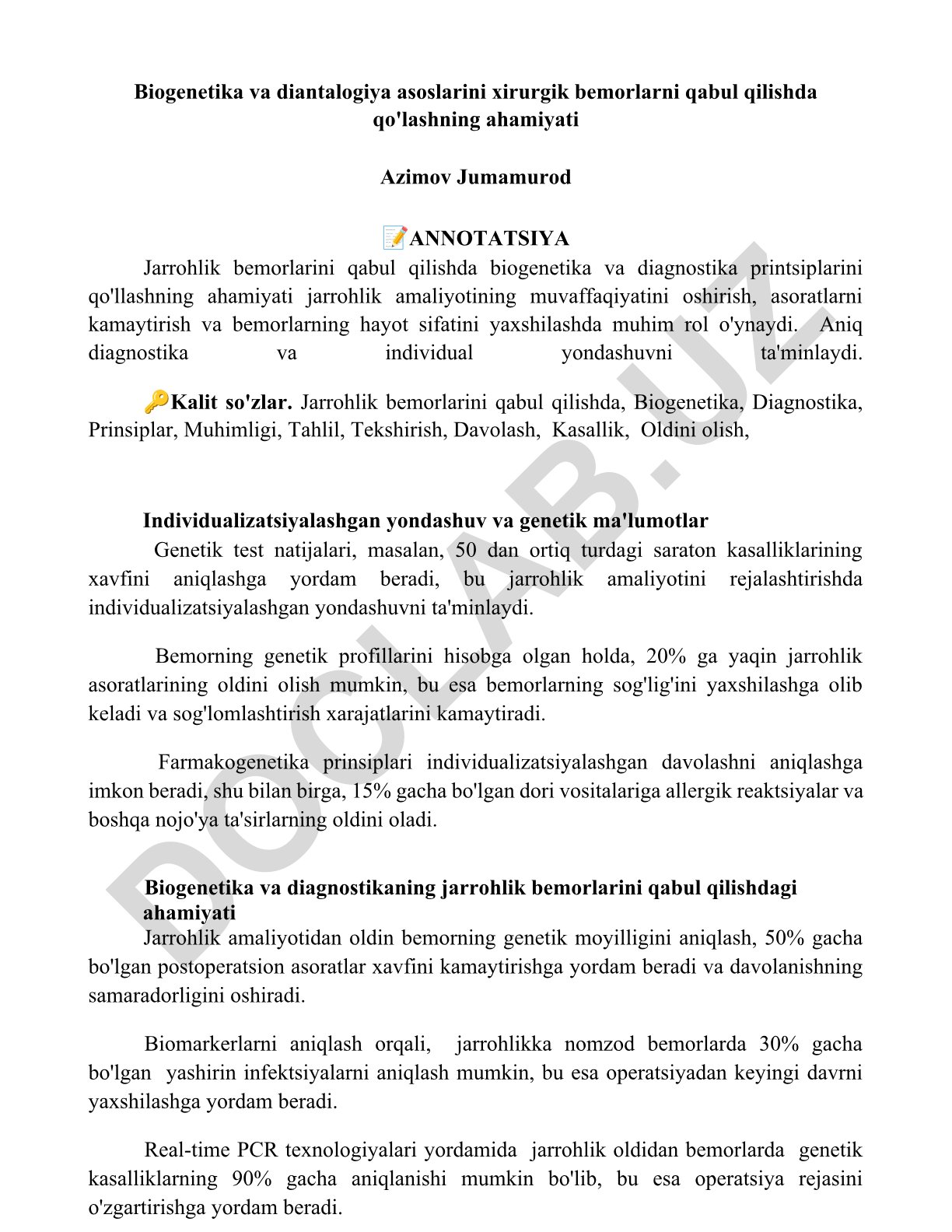 Jarrohlik bemorlarini qabul qilishda biogenetika va diagnostika printsiplarining ahamiyati