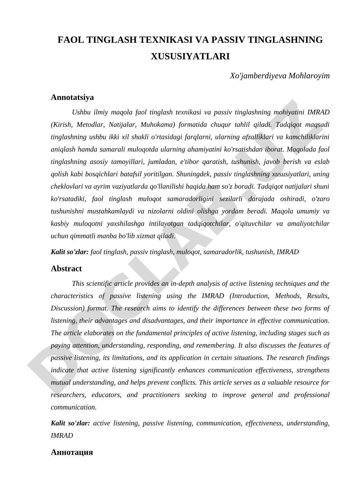 Faol tinglash texnikasi va passiv tinglashning xususiyatlari