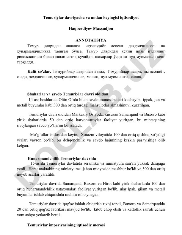 Temuriylar davrigacha va undan keyingisi iqtisodiyot
