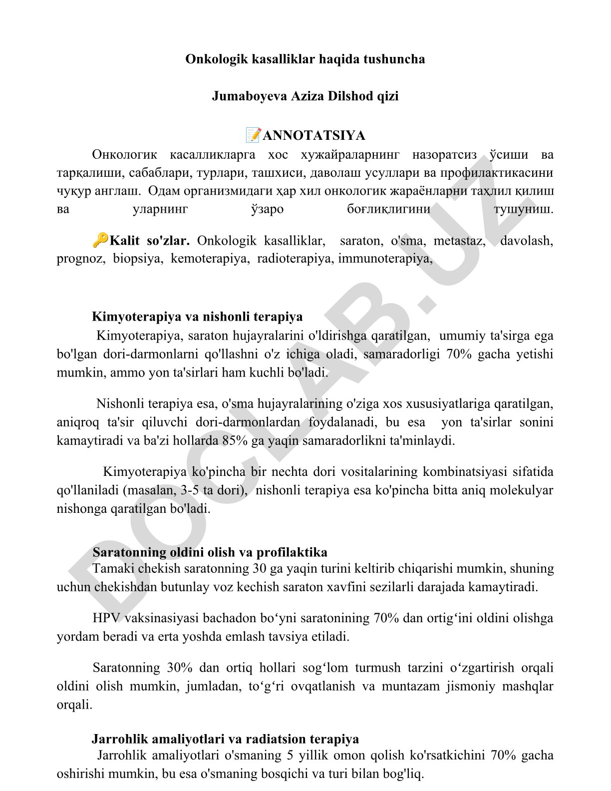 Onkologik kasalliklar haqida tushuncha