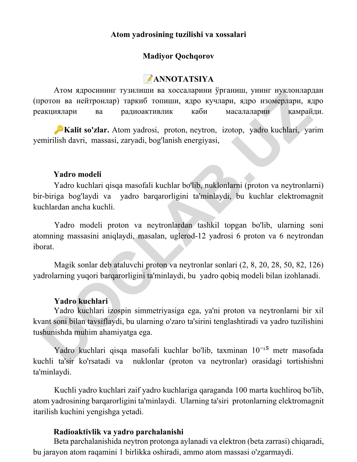 Atom yadrosining tuzilishi va xossalari