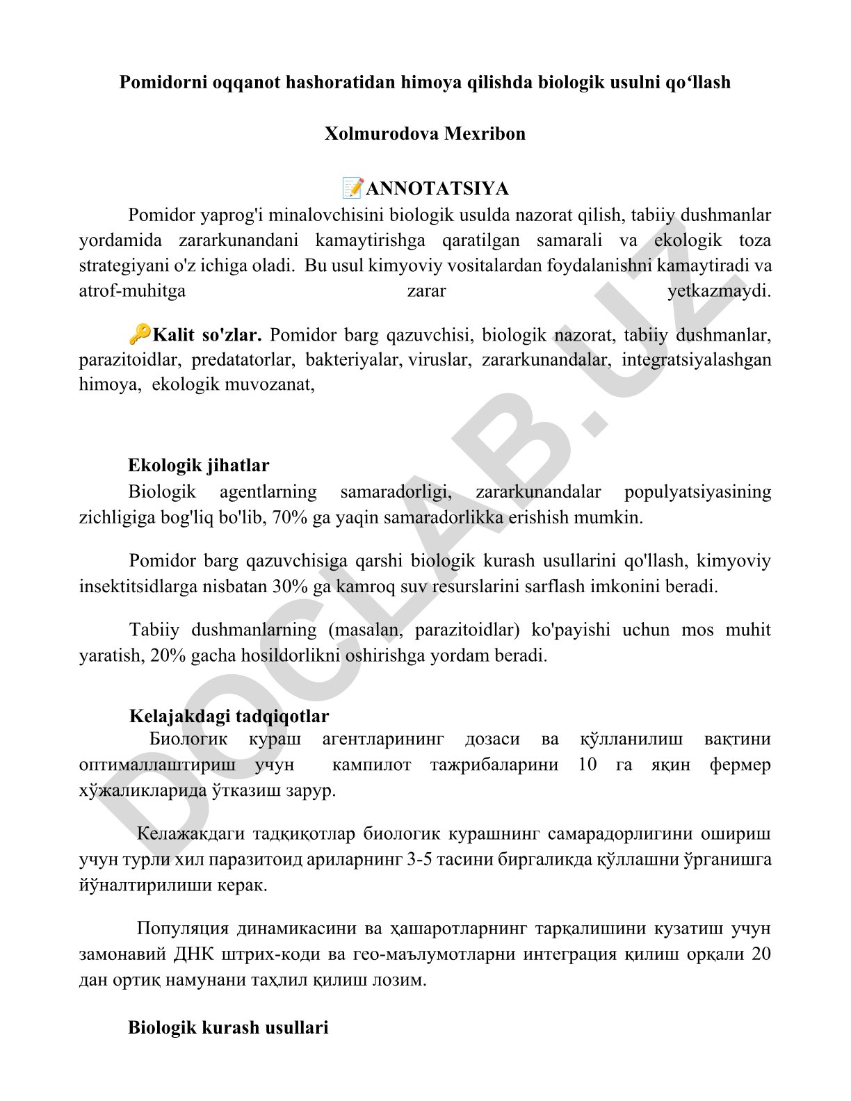 Pomidorni oqqanot hashoratidan himoya qilishda biologik usulni qoʻllash