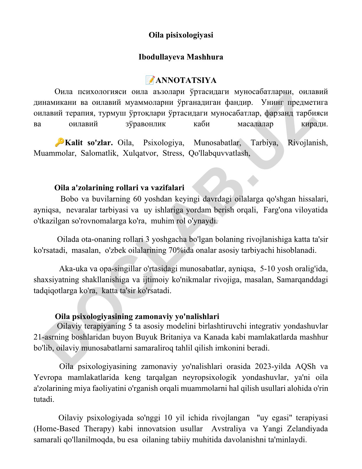 Oila psixologiyasi: a'zolar munosabatlari, tarbiya va oilaviy muammolar